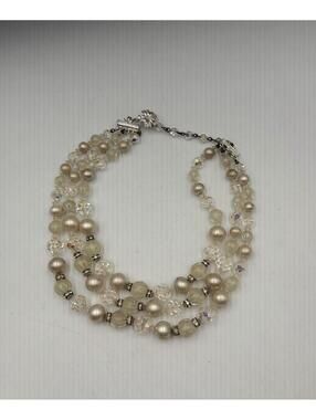 VENDOME Vintage Triple Strand Necklace Crystal Faux Pearl Signed